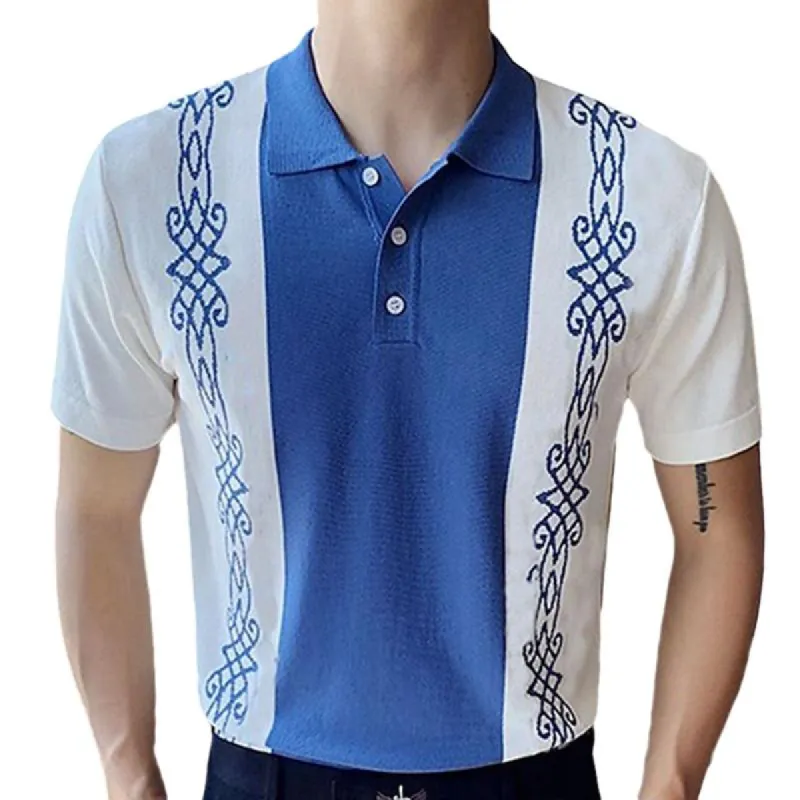 Men's Casual Contrast Color Jacquard Breathable Knitted Short-Sleeve Polo Shirt 97267050M sold by Manly