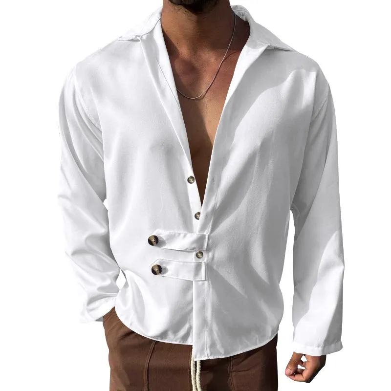 Men's Casual Loose Lapel Button Long Sleeve Shirt 22880207M sold by Manly