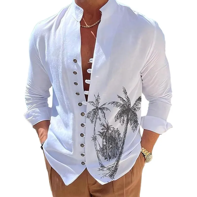 Men's Summer Hawaiian Coconut Tree Graphic Prints Stand Collar Long Sleeve Shirt 75370200Z sold by Manly