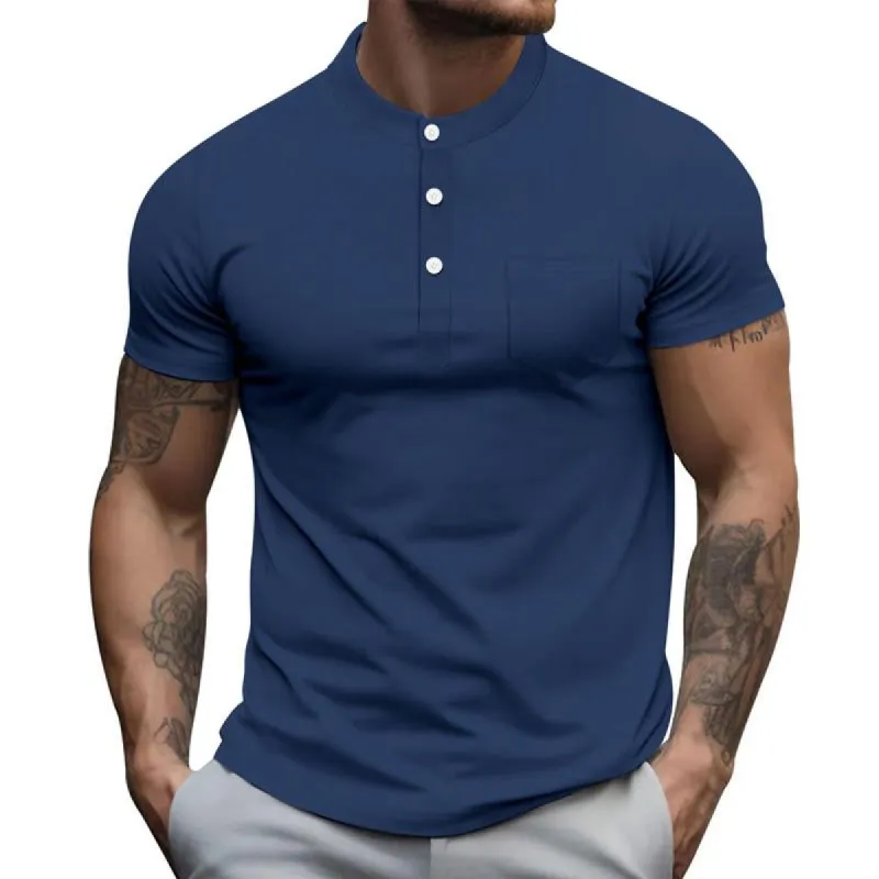 Men's Casual Solid Color Round Neck Button Down Short Sleeve Polo Shirt 49169531Y made by Manly