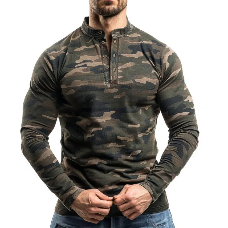 Men's Camouflage Print Henley Neck Long Sleeve T-Shirt 47814757Y sold by Manly