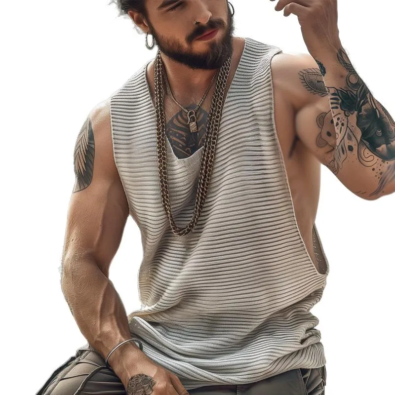 Men's Solid Knit Striped Round Neck Sleeveless Tank Top 75673319Z sold by Manly