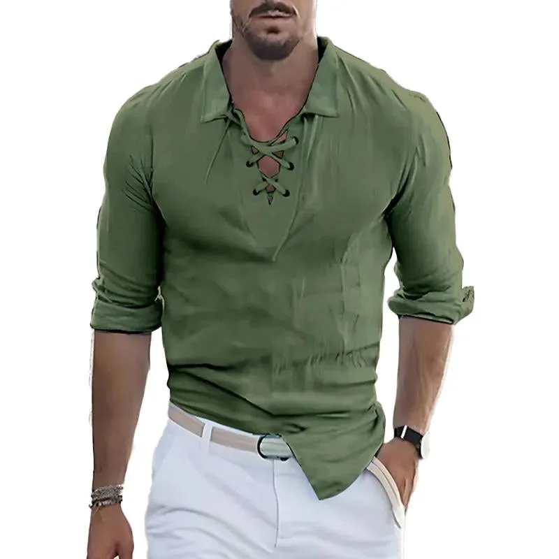 Men's Fashion Drawstring Solid Color Long Sleeve Cotton Linen Shirt 58555770X sold by Manly