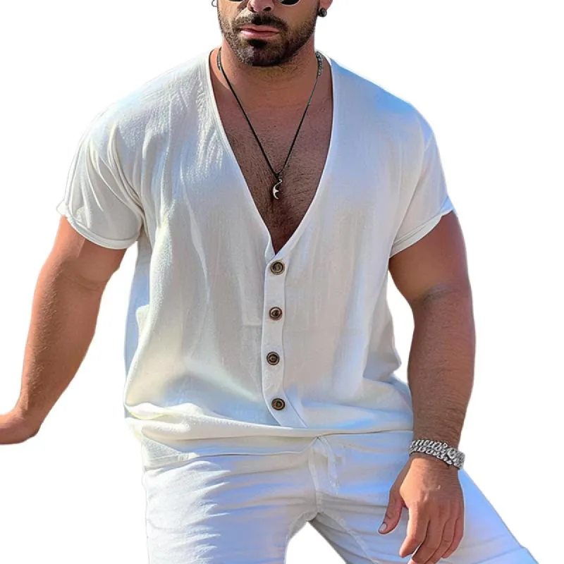 Men's V-neck Solid Color Single-breasted Shirt 31138545X sold by Manly