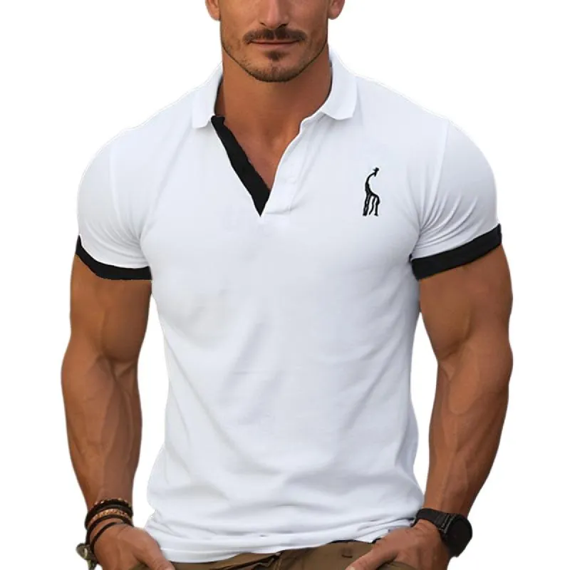 Men's Colorblock Lapel V-Neck Short-Sleeved Polo Shirt 21927860Y sold by Manly