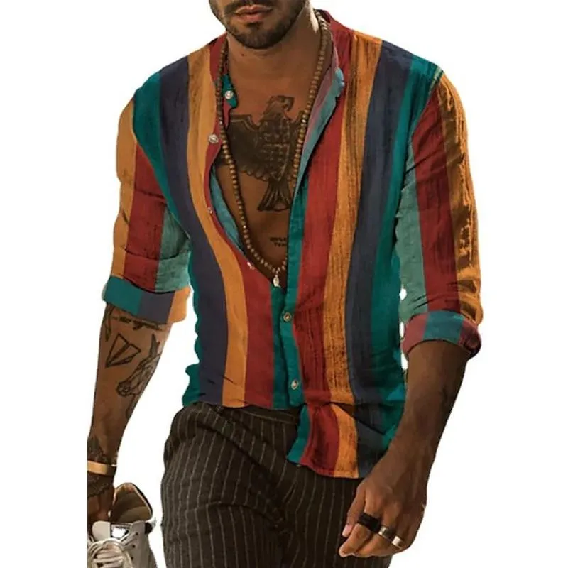 Men's Lapel Casual Holiday Stripe Print Shirt 73966004X sold by Manly