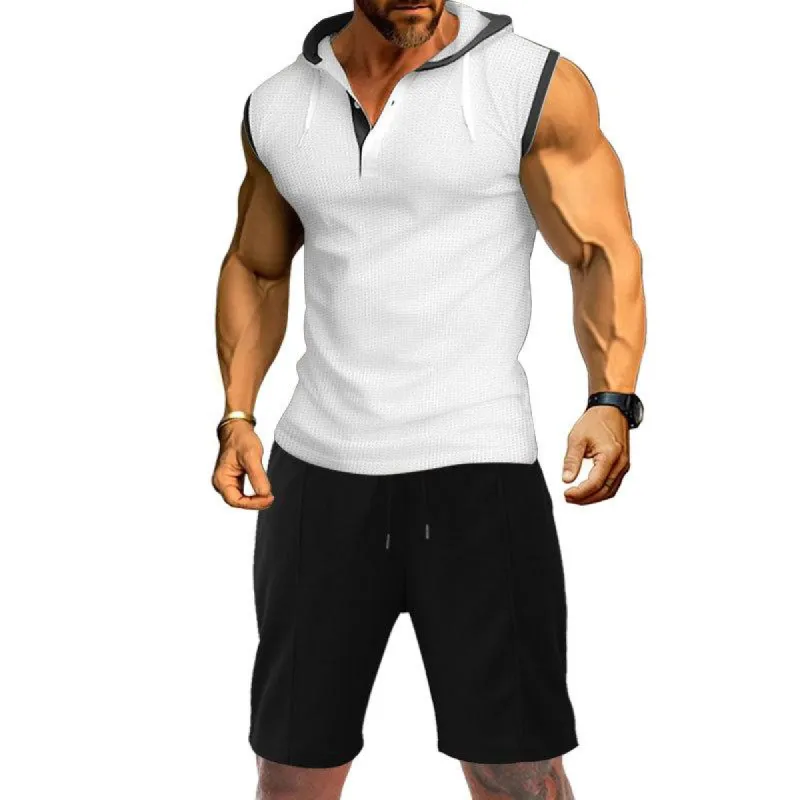 Men's Sleeveless Tank Top Shorts Casual Hooded Waffle Two-Piece Set 43277195X made by Manly