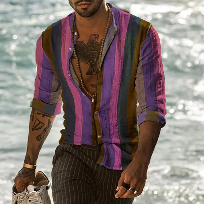 Men's Lapel Casual Holiday Stripe Print Shirt 73966004X sold by Manly product image thumbnail 5