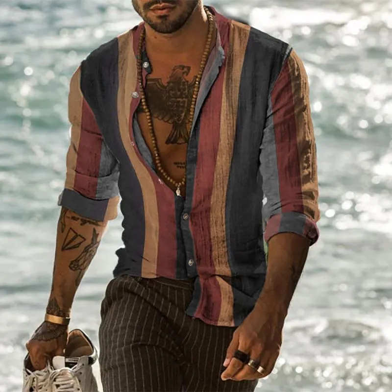 Men's Lapel Casual Holiday Stripe Print Shirt 73966004X sold by Manly product image thumbnail 2