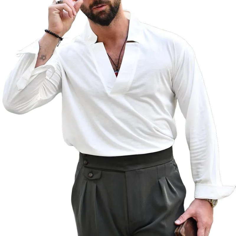 Men's Vintage Solid Color V Neck Long Sleeve Shirt 90977805Z sold by Manly