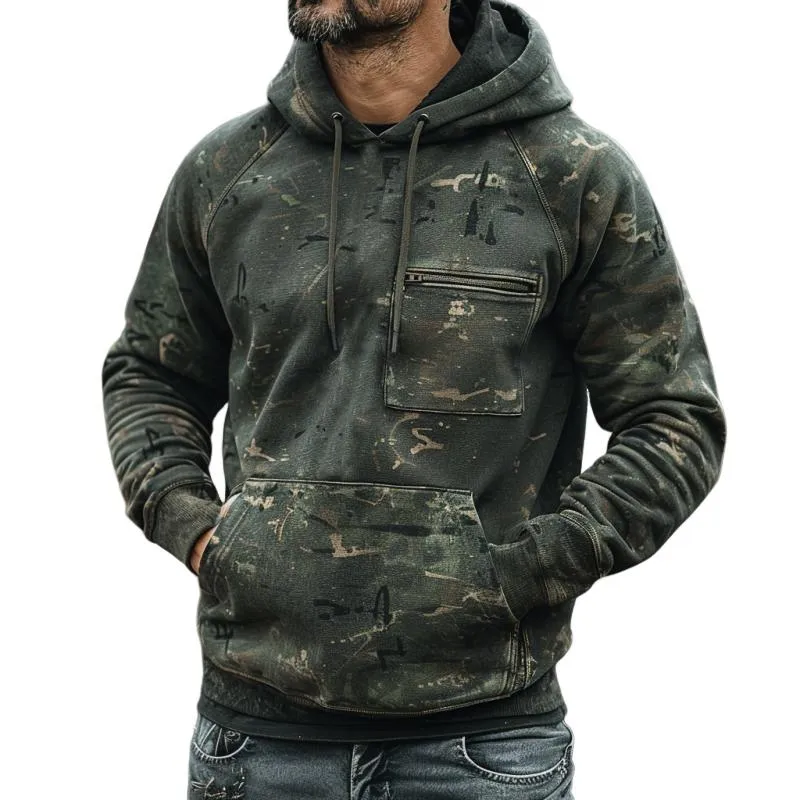 Men's Camouflage Print Chest Pocket Raglan Sleeve Kangaroo Pocket Hoodie 21843967Y sold by Manly