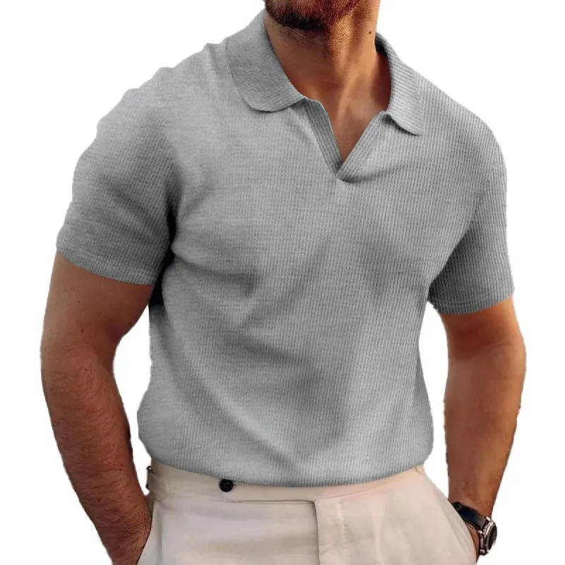 Men's Retro Solid Color Lapel Waffle Short Sleeved Polo Shirt 10721227Y sold by Manly