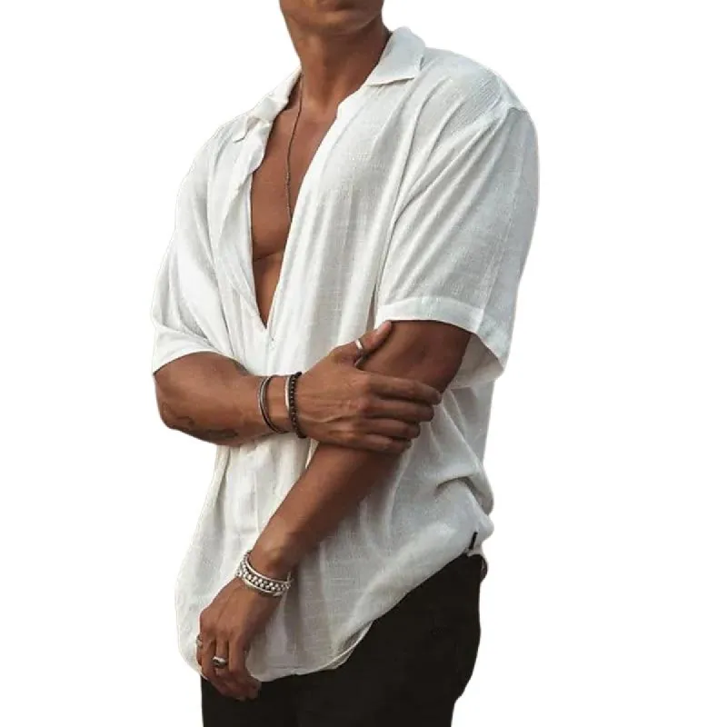 Men's Solid Color Cotton Lapel Short Sleeve Shirt 30840082X sold by Manly