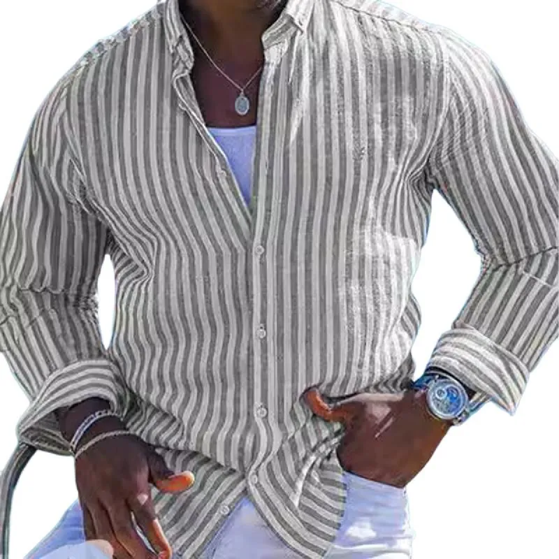 Men's Striped Lapel Long Sleeve Shirt 99701527X sold by Manly