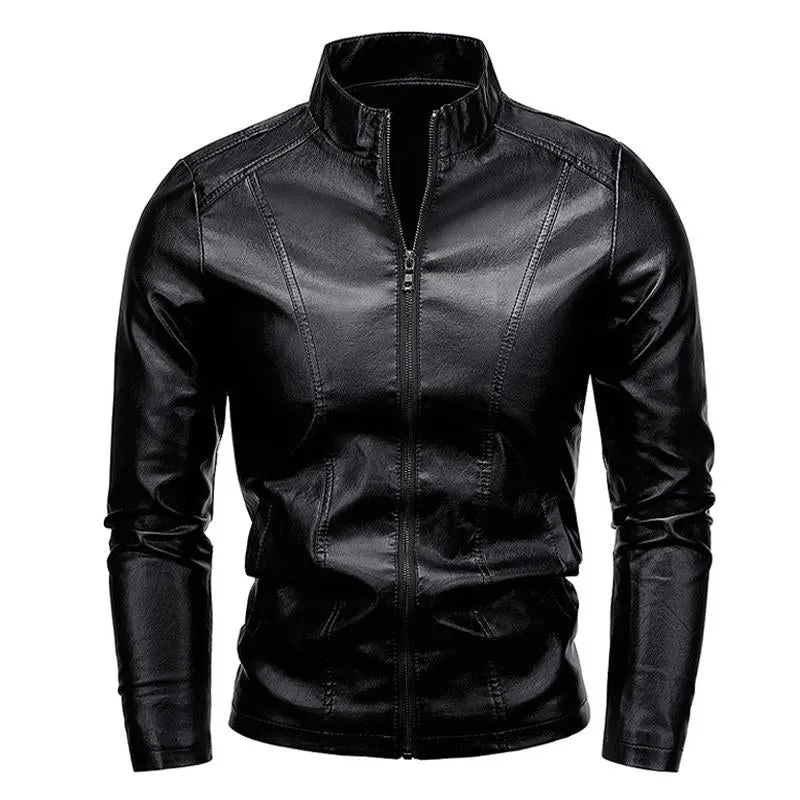 Men's Stand Collar Zip Leather Jacket 28307494X sold by Manly