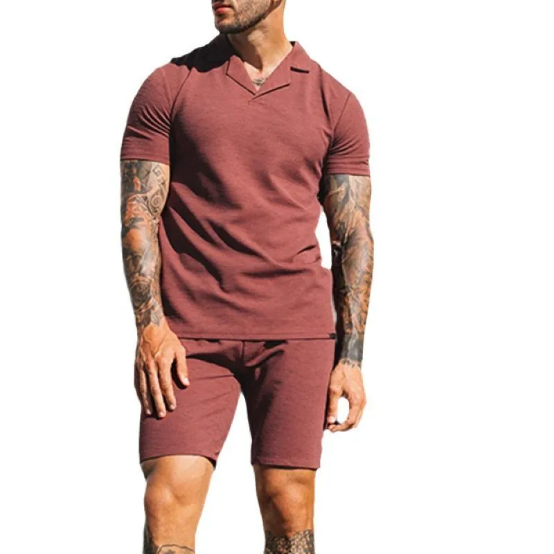Men's Casual V-Neck Loose Lapel Short-Sleeved Polo Shirt Shorts Set 15135106M sold by Manly