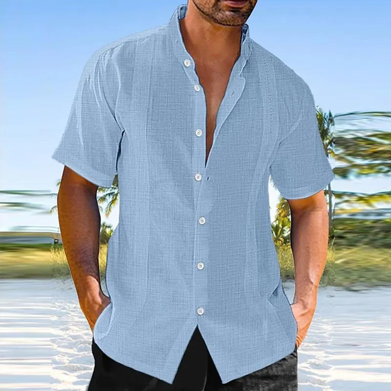 Men's Casual Cotton Linen Blended Striped Stand Collar Short Sleeve Shirt 03919138M sold by Manly product image thumbnail 5