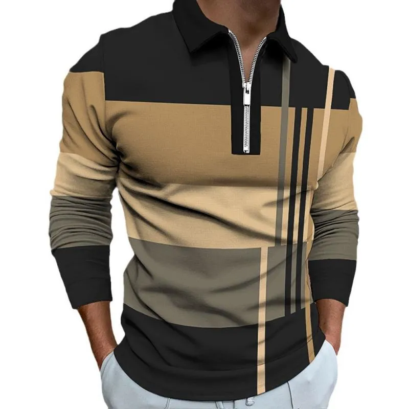 Men's Casual Colorblock Printed Lapel Long Sleeve Polo Shirt 04484966M sold by Manly