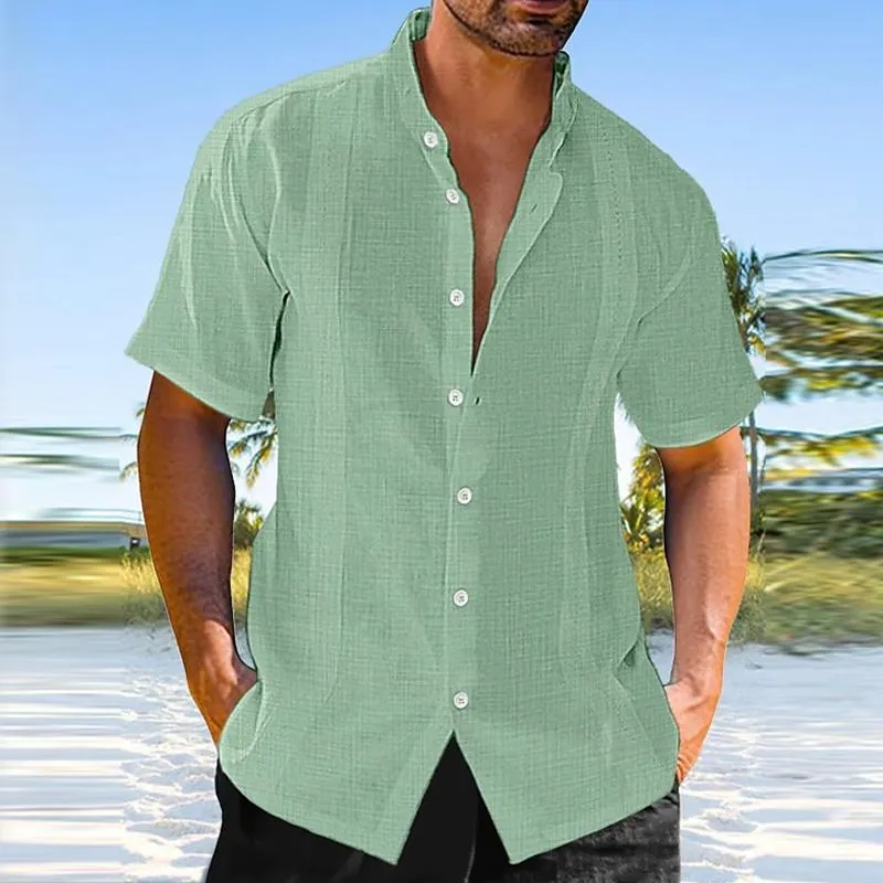 Men's Casual Cotton Linen Blended Striped Stand Collar Short Sleeve Shirt 03919138M sold by Manly product image thumbnail 4