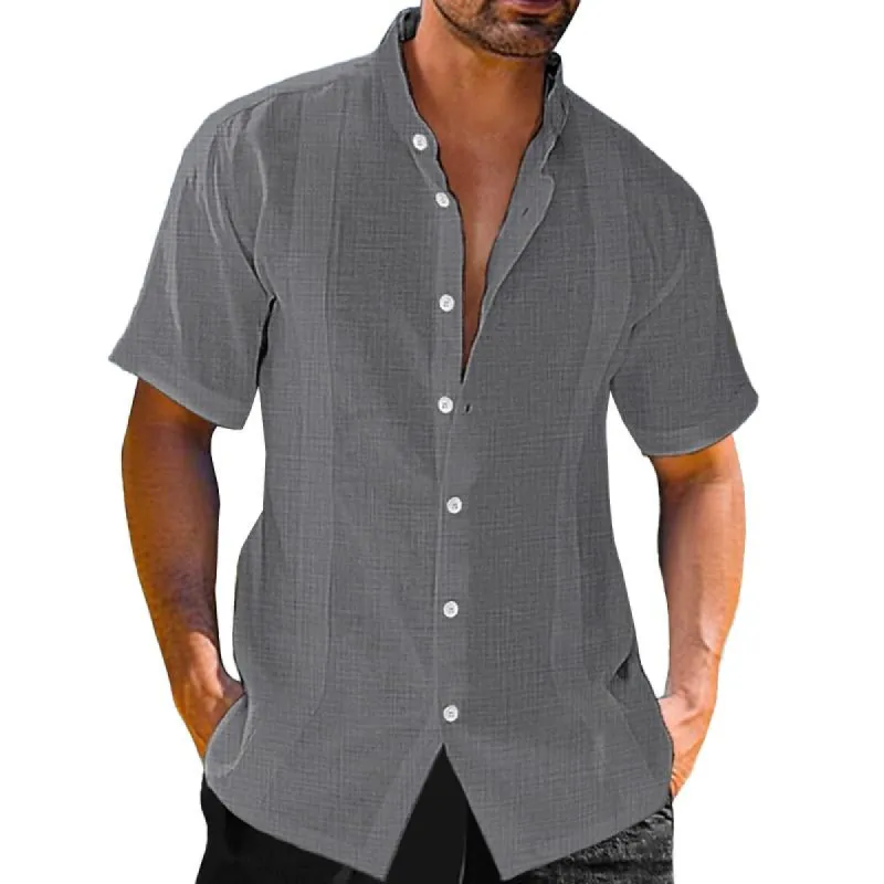 Men's Casual Cotton Linen Blended Striped Stand Collar Short Sleeve Shirt 03919138M sold by Manly