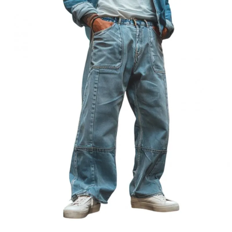 Men's Vintage Washed Distressed Patchwork Loose Wide-leg Jeans 84554564M sold by Manly