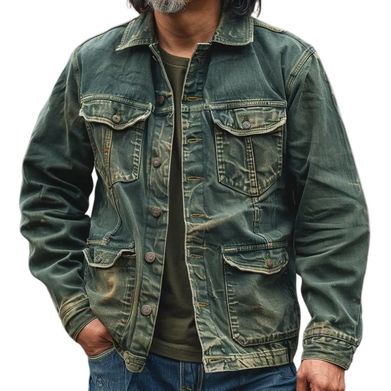 Men's Vintage Distressed Lapel Multi-pocket Single Breasted Jacket 77737225Z sold by Manly