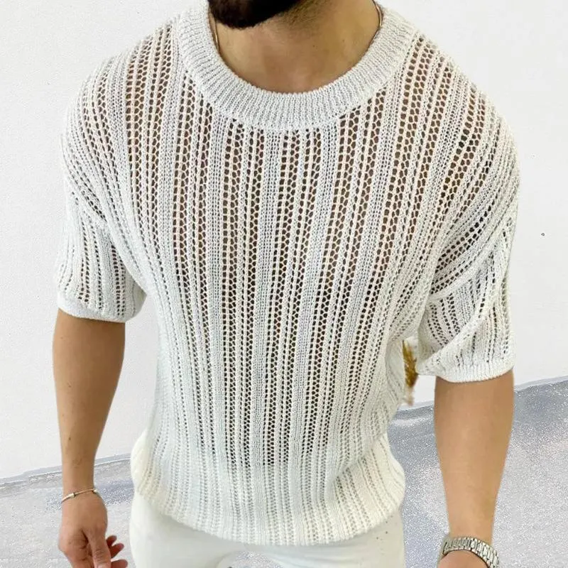 Men's Solid Color Hollow Knit Pullover Short Sleeve Sweater 99913035X sold by Manly
