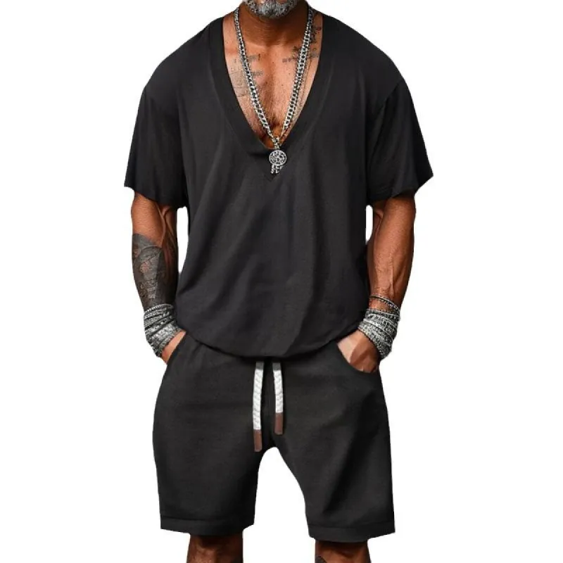 Men's Solid Color Loose V-Neck Short-Sleeved T-Shirt Shorts Set 52587401Y sold by Manly