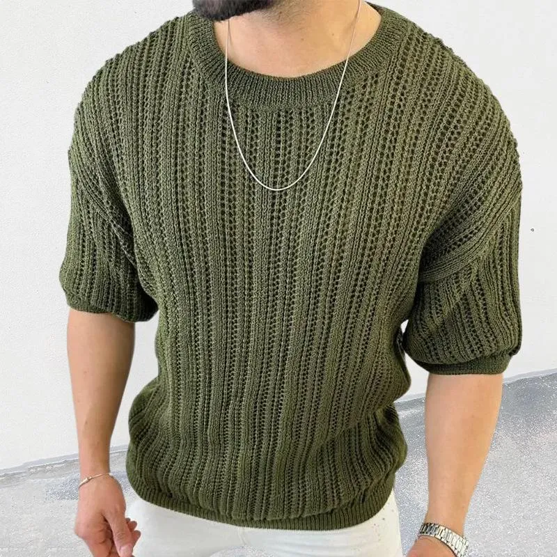 Men's Solid Color Hollow Knit Pullover Short Sleeve Sweater 99913035X sold by Manly product image thumbnail 4