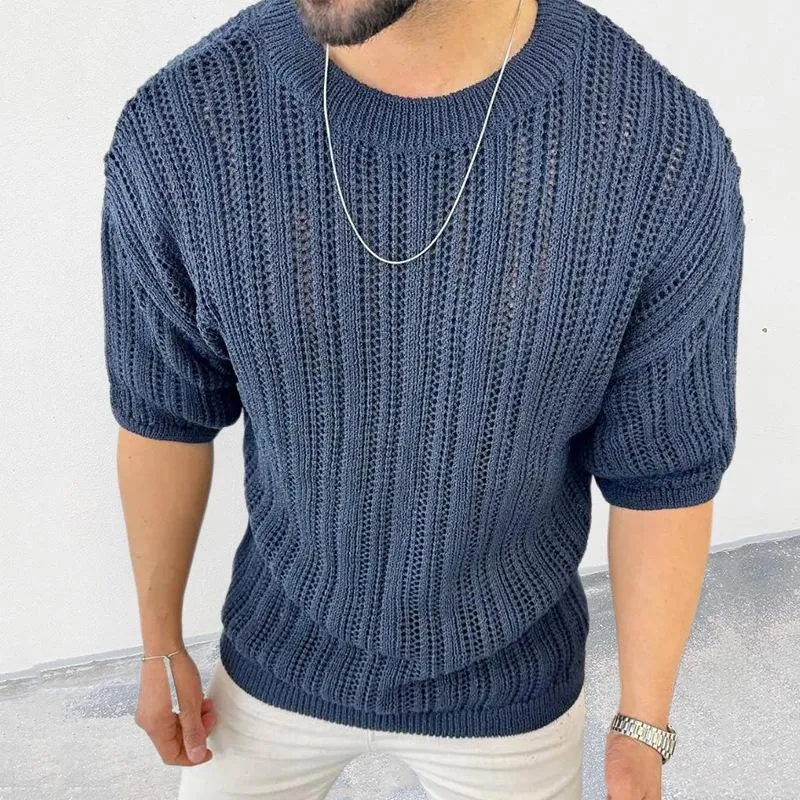 Men's Solid Color Hollow Knit Pullover Short Sleeve Sweater 99913035X sold by Manly product image thumbnail 3