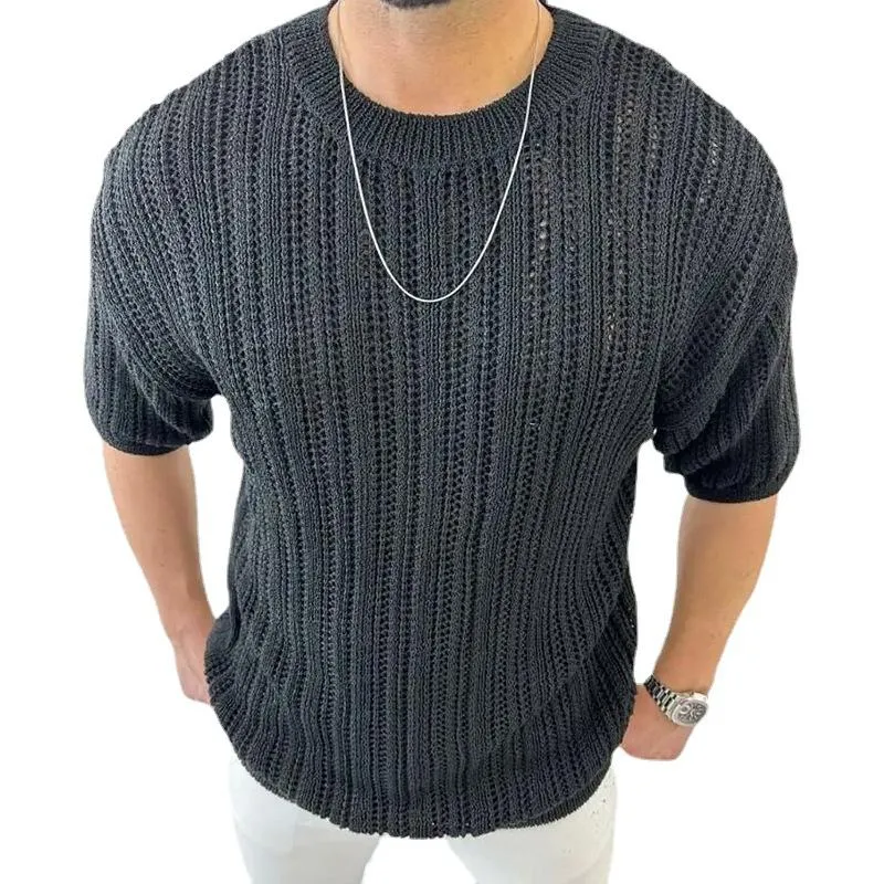 Men's Solid Color Hollow Knit Pullover Short Sleeve Sweater 99913035X sold by Manly product image thumbnail 2