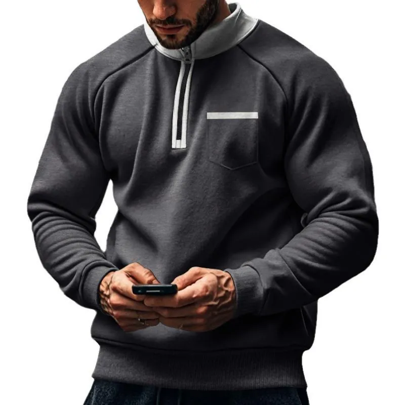 Men's Casual Stand-up Collar Half-zip Fleece Colorblock Loose Sweatshirt 60133265M sold by Manly