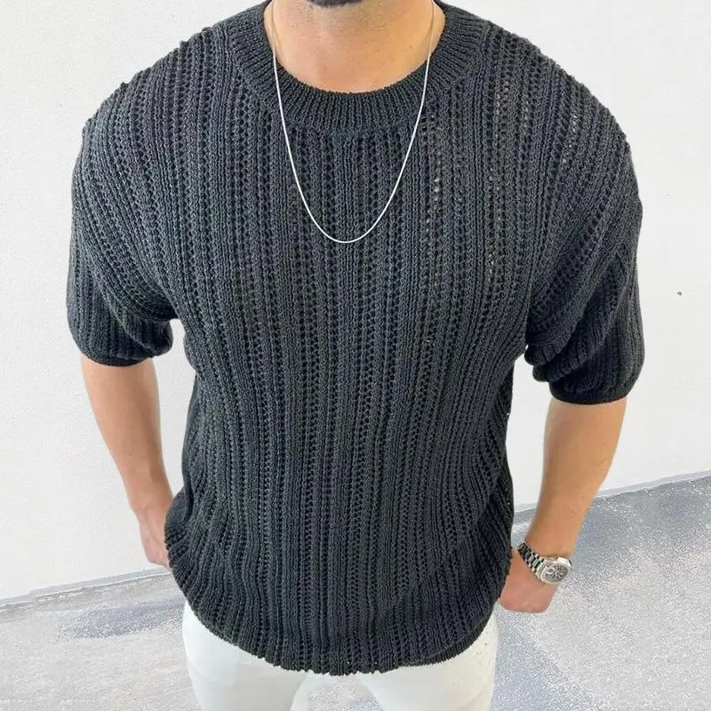 Men's Solid Color Hollow Knit Pullover Short Sleeve Sweater 99913035X sold by Manly product image thumbnail 5