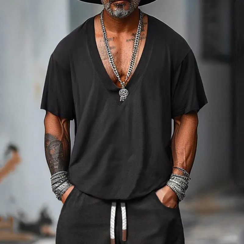 Men's Solid Color Loose V-Neck Short-Sleeved T-Shirt Shorts Set 52587401Y sold by Manly product image thumbnail 2