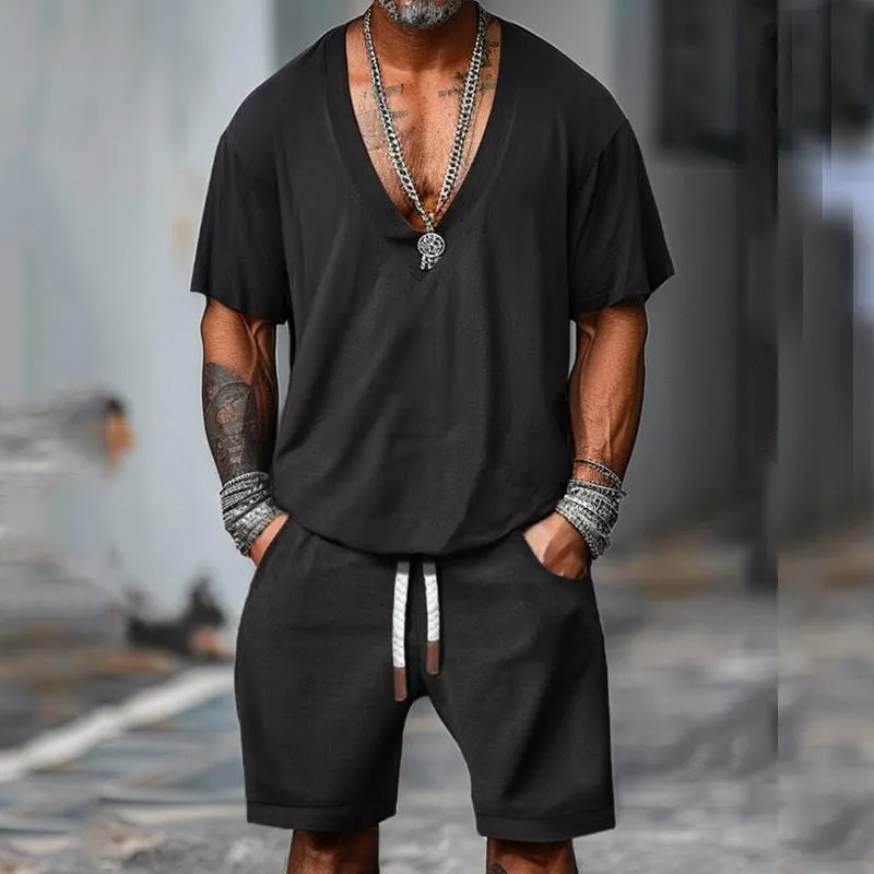 Men's Solid Color Loose V-Neck Short-Sleeved T-Shirt Shorts Set 52587401Y sold by Manly product image thumbnail 4