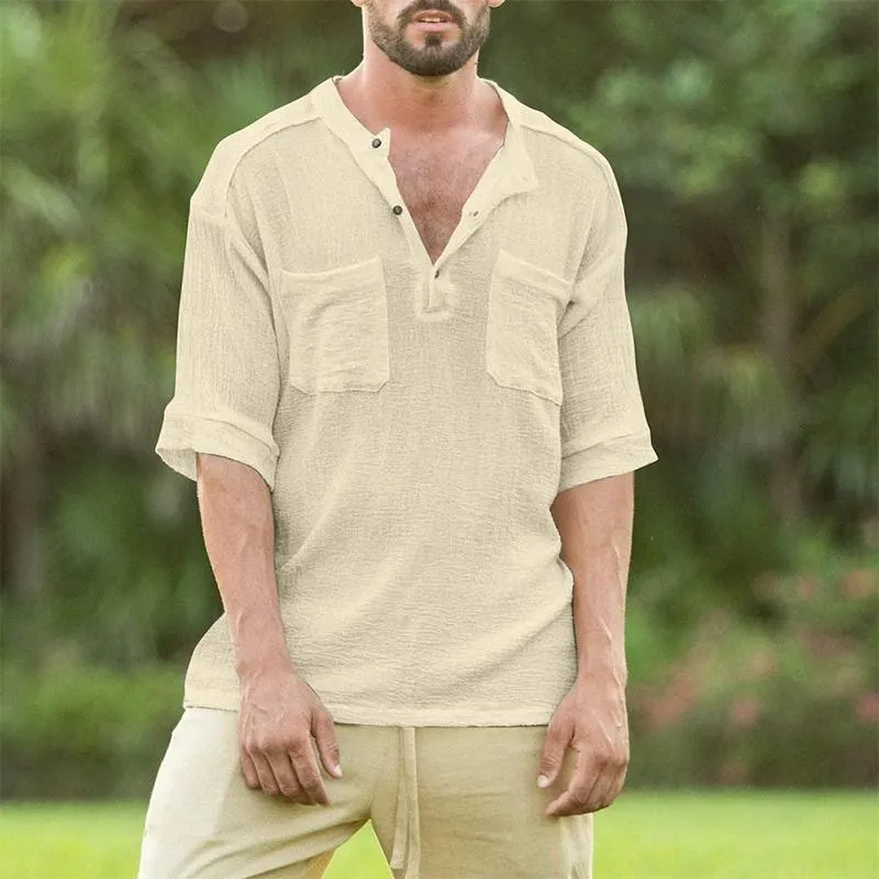 Men's Henley Collar Pockets Short Sleeve Shirt 75777196Z sold by Manly product image thumbnail 2