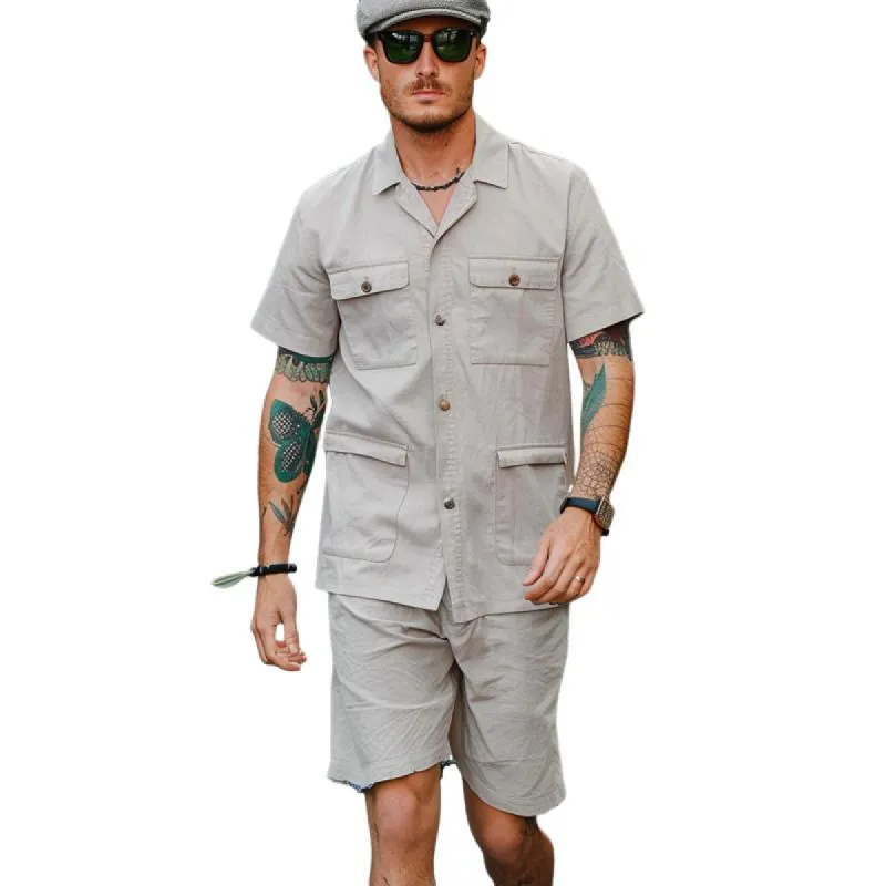 Men's Casual Cotton Blend Lapel Multi-Pocket Short Sleeve Loose Shorts Cargo Set 39230940M sold by Manly
