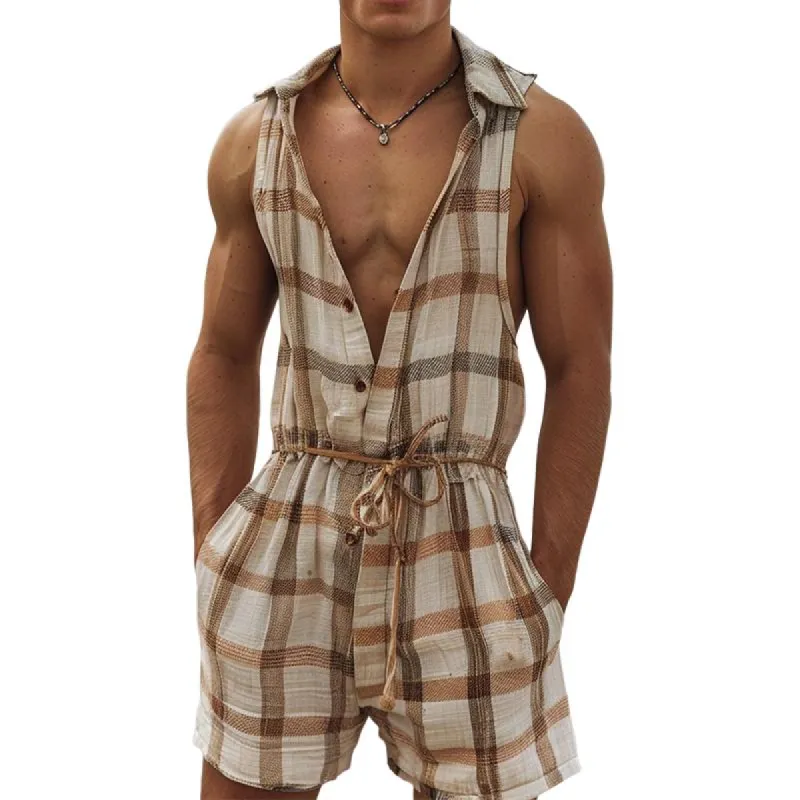 Men's Casual Plaid Drawstring Short Jumpsuit 38872915TO sold by Manly