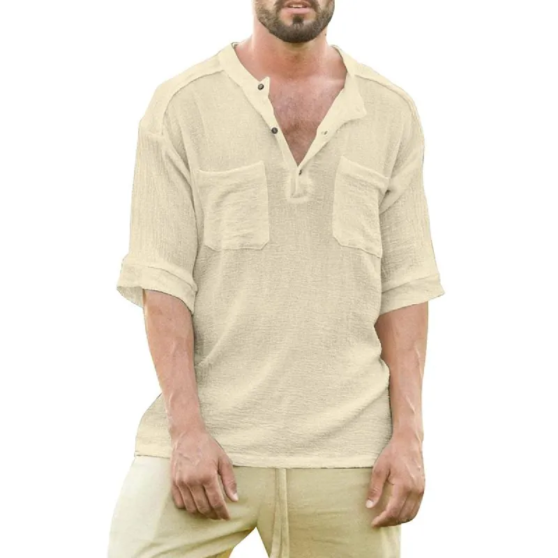 Men's Henley Collar Pockets Short Sleeve Shirt 75777196Z sold by Manly