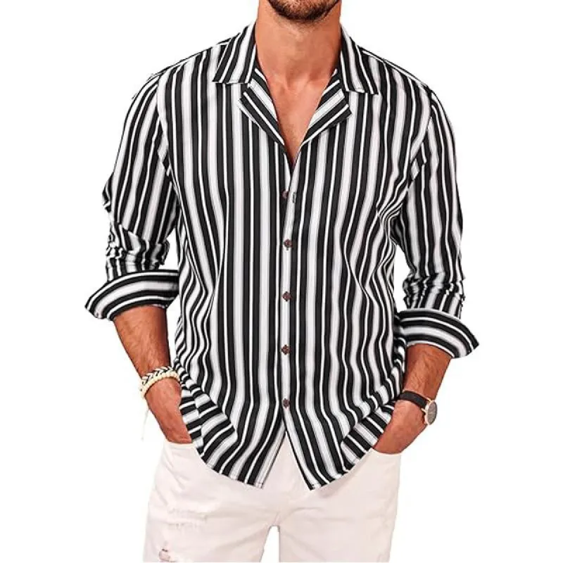 Men's Casual Striped Printed Lapel Long Sleeve Shirt 48494274Y sold by Manly