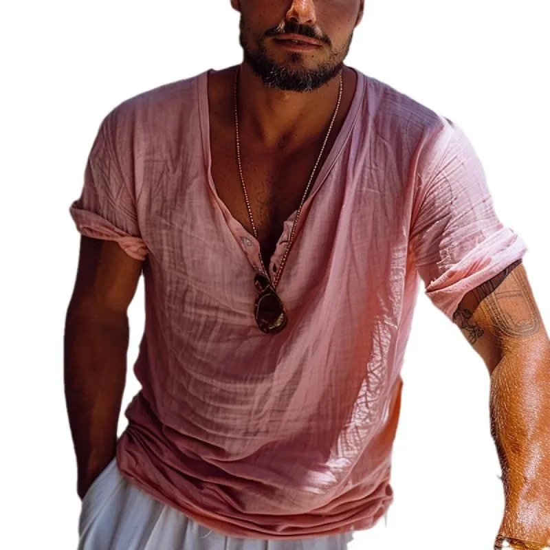 Men's Casual Button V-neck Cotton Linen Loose Short-sleeved Shirt 01736961M sold by Manly