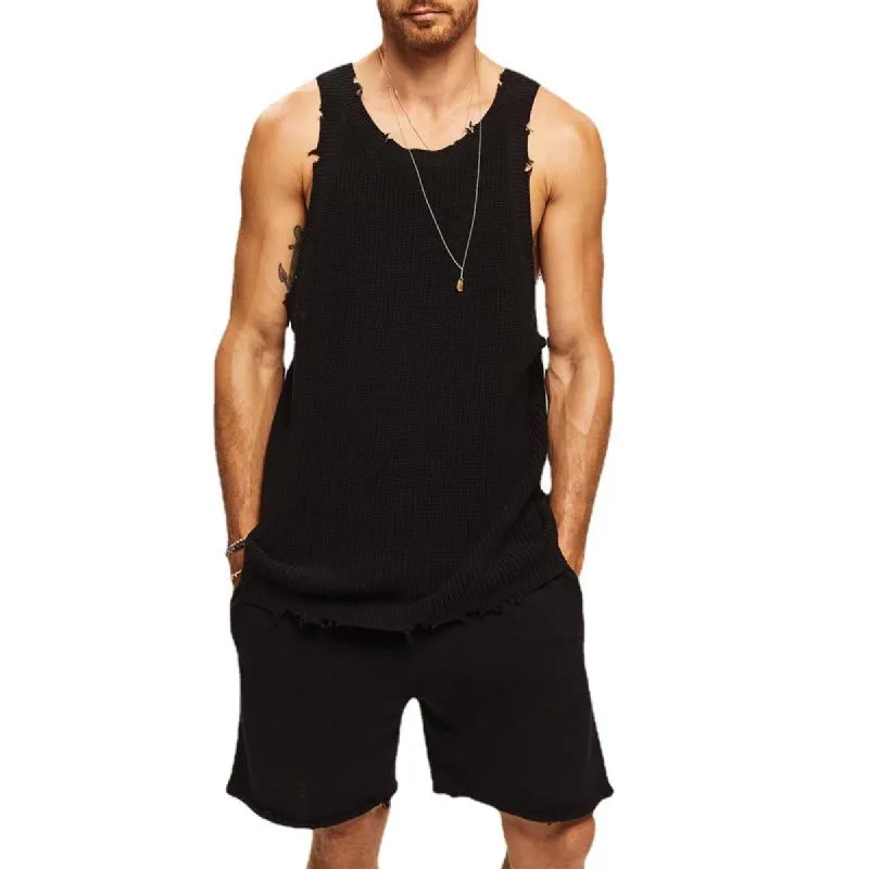 Men's Casual Solid Color Knit Sleeveless Tank Top Shorts Set 94271477Y made by Manly