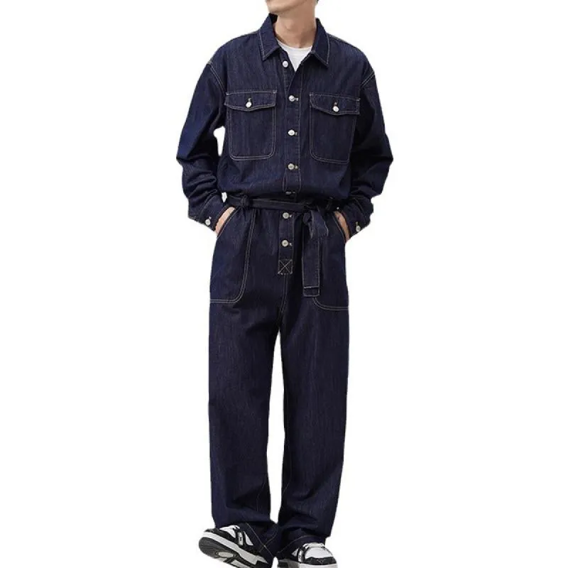 Men's Vintage Loose Belt Multi-Pocket Denim Jumpsuit Coverall 71826101Y sold by Manly