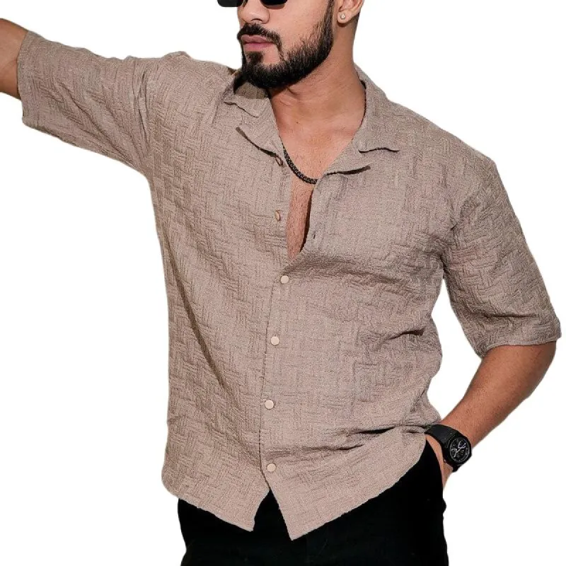 Men's Solid Color Texture Lapel Short Sleeve Shirt 81471815Z sold by Manly