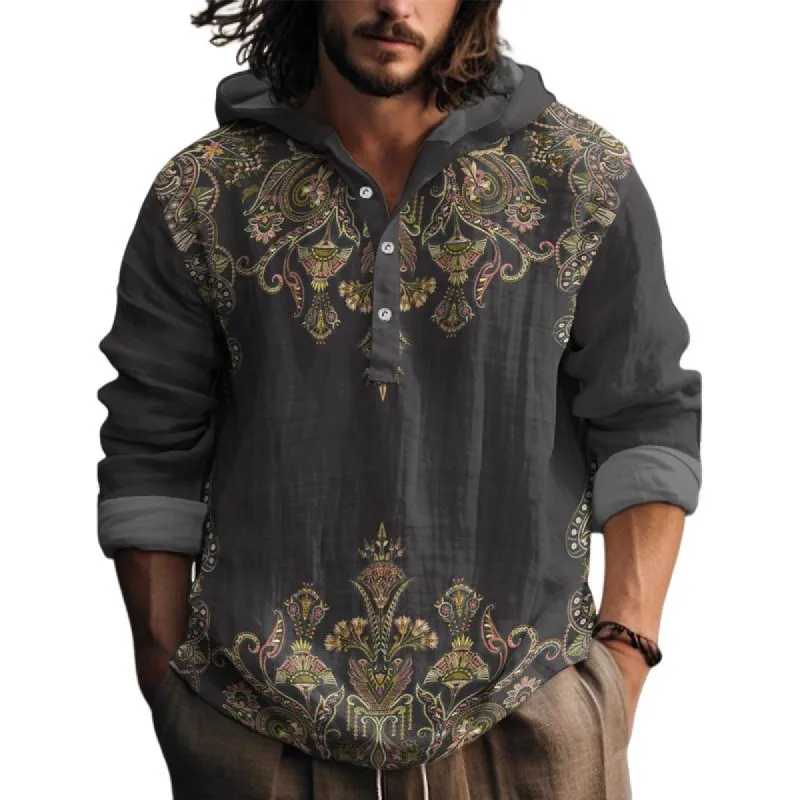 Men's Casual Printed Hooded Long-sleeved Loose Pullover Shirt 83142274M sold by Manly