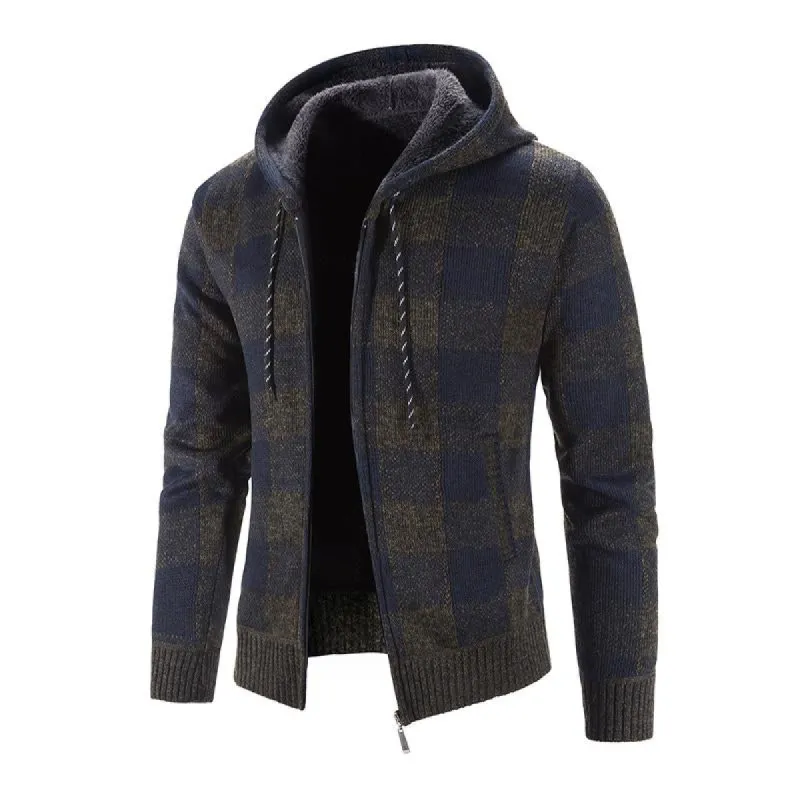Men's Casual Plaid Plush Hooded Warm Cardigan 86097306Y sold by Manly