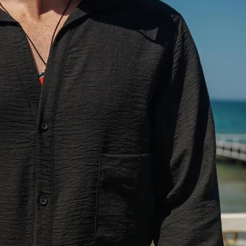 Men's Solid Color Textured Lapel Waist Pocket Long Sleeve Shirt 28878789Z sold by Manly product image thumbnail 4