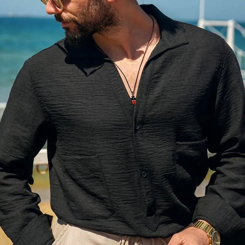 Men's Solid Color Textured Lapel Waist Pocket Long Sleeve Shirt 28878789Z sold by Manly product image thumbnail 3