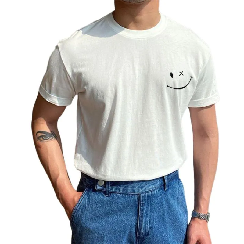 Men's Retro Smiley Round Neck Short Sleeve T-Shirt 82183479TO sold by Manly