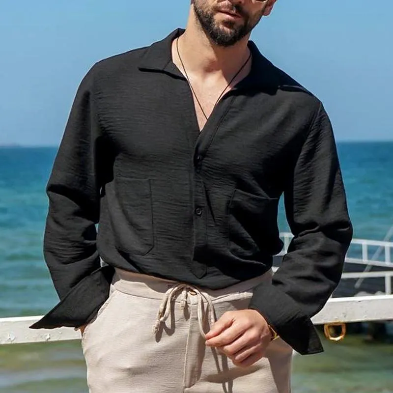 Men's Solid Color Textured Lapel Waist Pocket Long Sleeve Shirt 28878789Z sold by Manly product image thumbnail 2